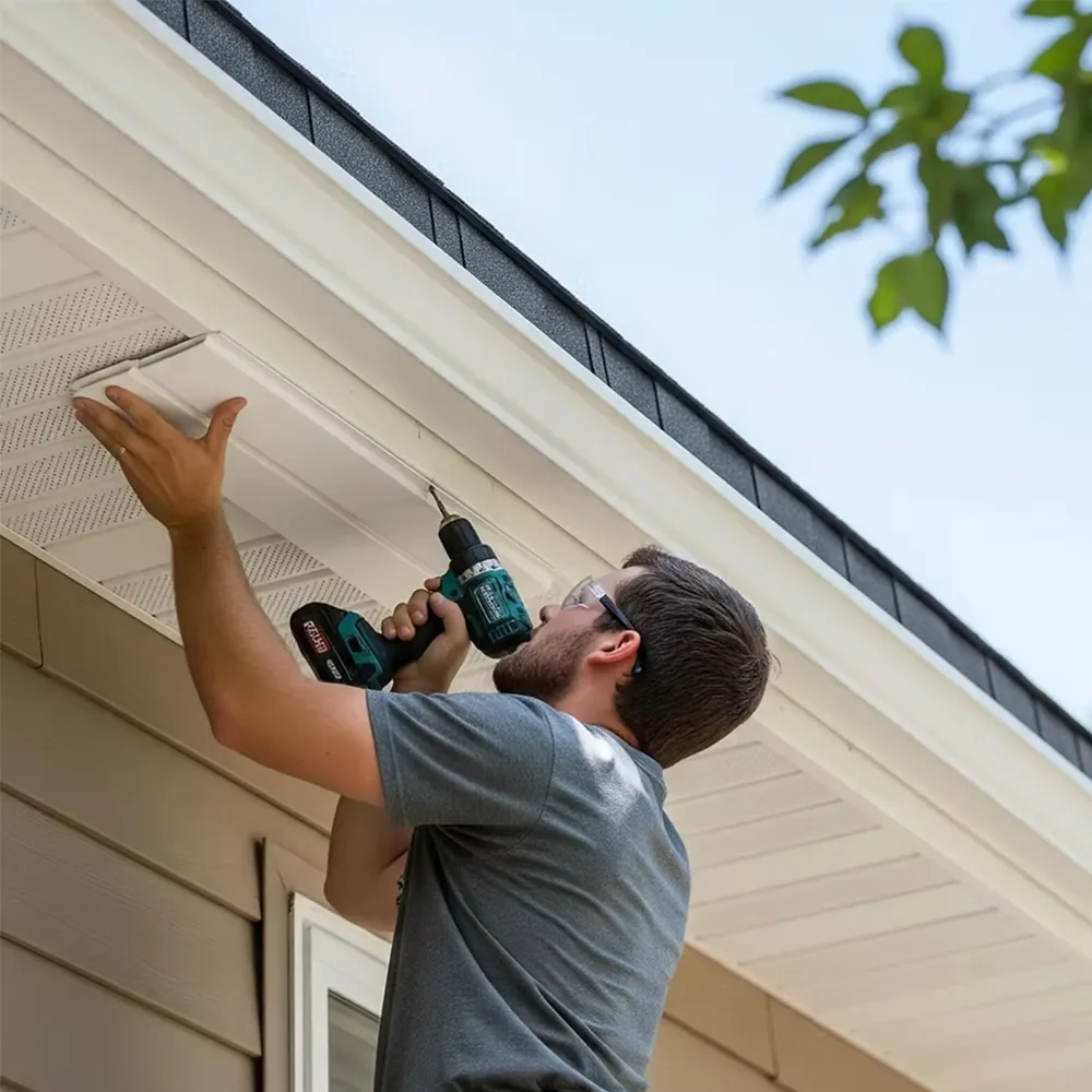 Installer using a drill on a white soffit panel
