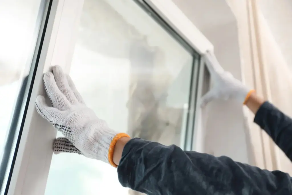 Gloved hands pressing a new white window frame into place
