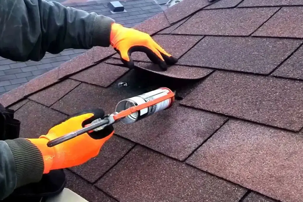 Roofer in orange gloves applying sealant under an asphalt shingle