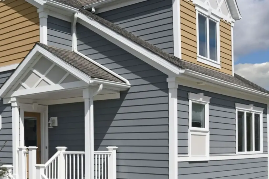 House with gray and tan lap siding and white trim