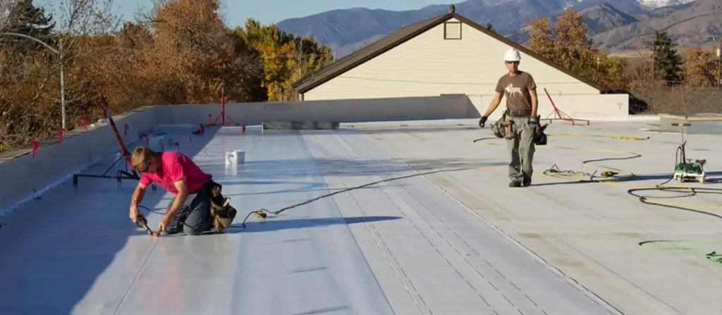 Roofers working on a flat commercial roof