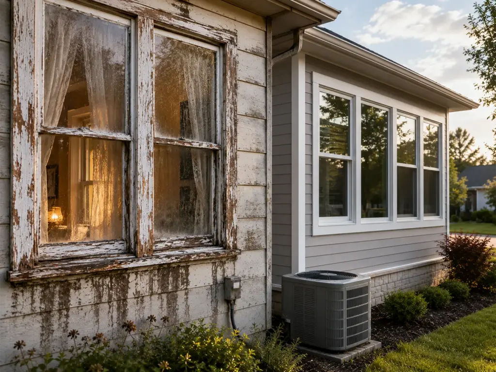 Old, peeling wood windows next to new white windows on a house
