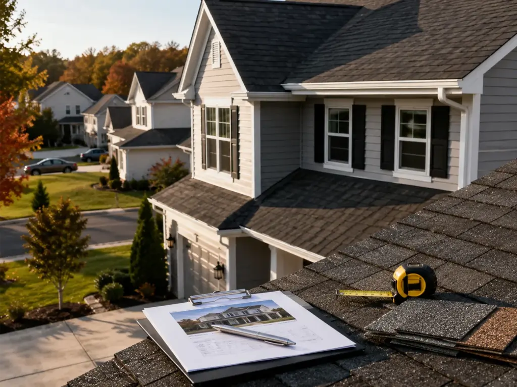 Roof plans and a tape measure on a shingle roof above a suburban street